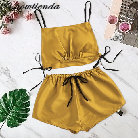 Women Sexy Lingerie Set Women Satin Silk Bowknot Camisole Shorts Sleepwear Sets Pajamas Bandage Sleep Lingerie Set пижама ► Photo 1/6