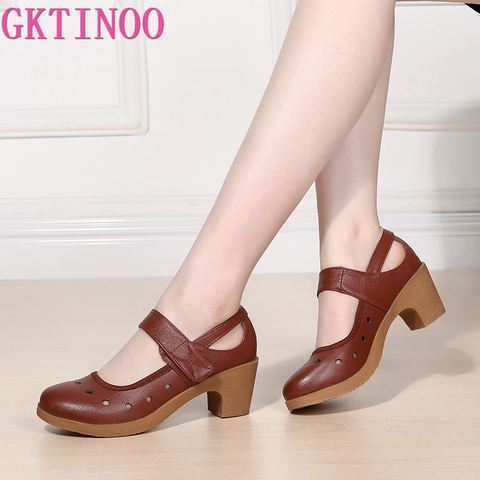 GKTINOO 2022 Cut Out Women Pumps Breathable Women Shoes Hook&Loop Thick High Heels Soft Mary Janes Dancing Shoes Leather ► Photo 1/6