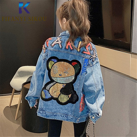 Jeans Jacket Women Streetwear Fashion Beading Cartoon Bear Denim Jacket Pocket Lapel Loose Long Sleeve Print Jeans Coat Female ► Photo 1/6