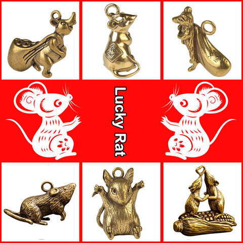 Lucky Mice Car Key Chain Pendants Jewelry Vintage Pure Brass Mouse Figurines Keychain Hanging Fashion Metal Rat Keyring Charms ► Photo 1/6