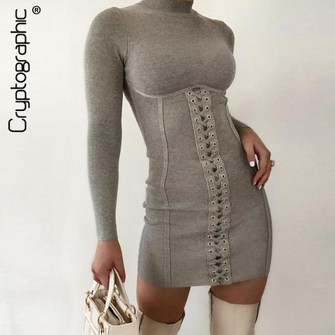 Cryptographic Long Sleeve Lace Up Mini Dresses Knitting Club Party Dress Elegant Bodycon Dress Autumn Mock Neck Dress Casual ► Photo 1/6