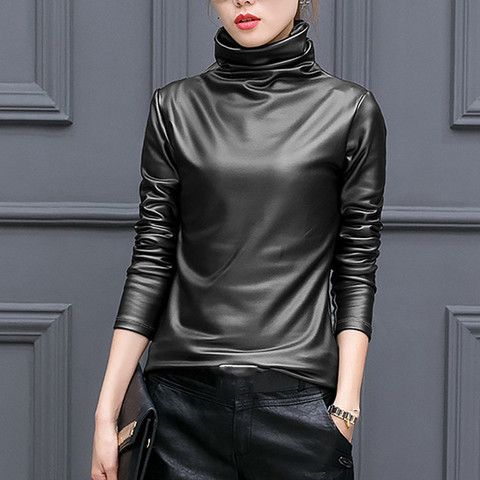 Fashion Faux Leather T-Shirt Plus Size Casual Winter Ladies Turtleneck Basic Tops Female Women Long Sleeve Shirt Blusas Pullover ► Photo 1/6