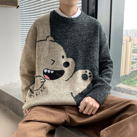 Cute Knitted Pullover Jumper Sweaters Streetwear Casual Cartoon Hip Hop Long Sleeve Knitwear Sweater Men Autumn Bear Tops Male ► Photo 1/6