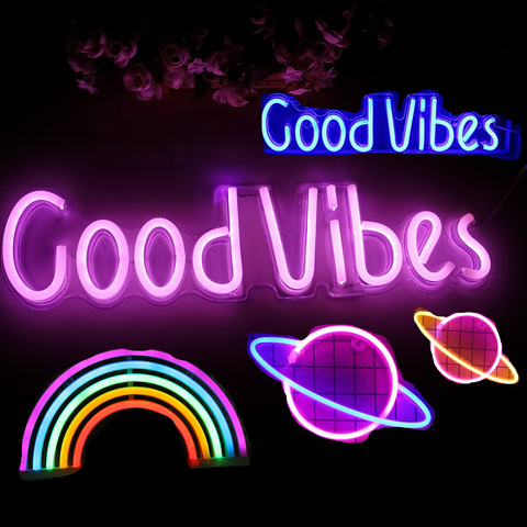 Neon Sign Light Led Good Vibes Letter Neon Lamp Tube For Bar Ktv Snack Shop Game Room Bedroom Party Wall Decoration ► Photo 1/6