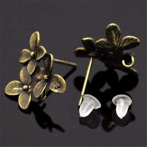 Doreen Box  Antique Bronze Flower Earring Post W/ Stoppers Loop Copper 15x14mm Stud Earring For Women Jewelry Gifts, 5 Pairs ► Photo 1/3