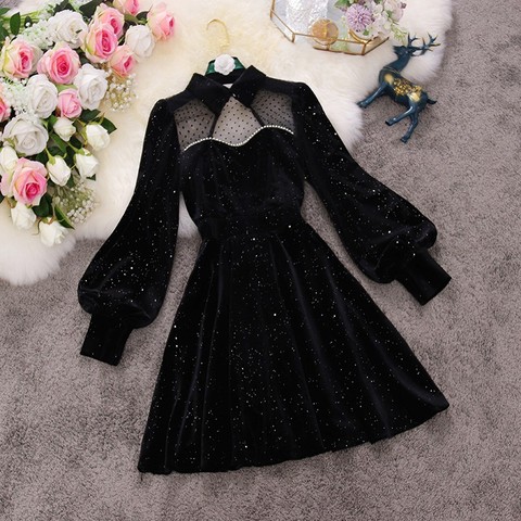 2022 spring new female stand collar lantern sleeve sequins velvet with mesh A-line dresses women's beading elegant Dress ► Photo 1/6