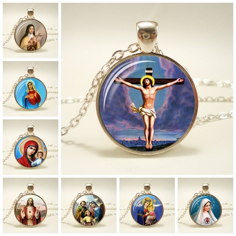 Virgin Mary Mother of Baby Glass Pendant Jesus Christ Christian Jewelry Jesus Oil Painting Necklace Gift for Men Women ► Photo 1/6