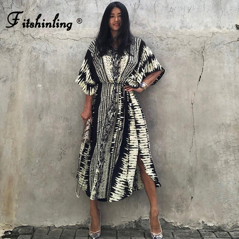 Fitshinling Bohemian Vintage Oversized Dress Women High Split Sexy Maxi Dresses Beach Cover Up Sashes Holiday Serpentine Kaftan ► Photo 1/6