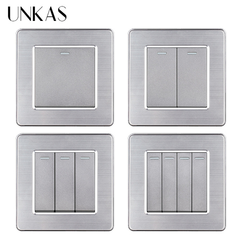 UNKAS Grey Stainless Steel Panel 1 2 3 4 Gang 1 / 2 Way Wall Light On / Off Switch Luxury Gray Interruptor AC 110~250V 86MM*86MM ► Photo 1/6