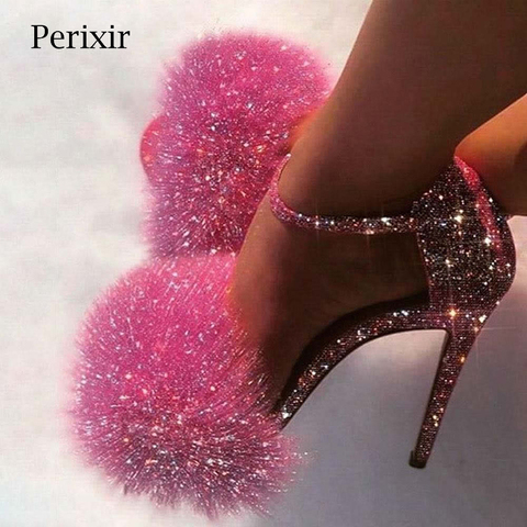 Perixir Fashion Glitter Heels Designers Summer Shoes Women Stiletto Sandalen Open Toe Fluff Strappy Thin High Heels Fur Sandals ► Photo 1/6