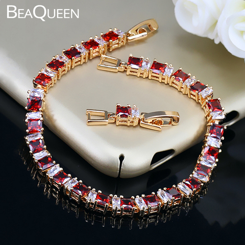 BeaQueen Exquisite Gold Color Jewelry Square CZ Crystal and Cubic Zircon Stone Setting Indian Red Bracelet for Women B039 ► Photo 1/6