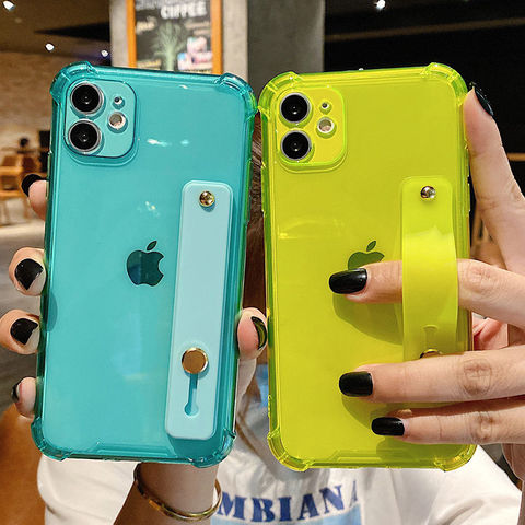 Wrist Strap Transparent Phone Case For iPhone 11 11Pro Max XR XS Max X 7 8 Plus 11Pro 12 Pro Fluorescent Color Soft Back Cover ► Photo 1/6