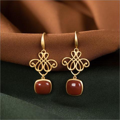 Natural Hotan red tourmaline Chinese Knot Earrings Chinese style retro court style light luxury elegant women's silver jewelry ► Photo 1/6