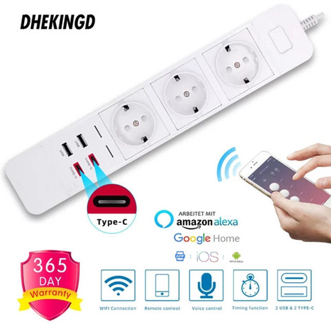 Wifi Smart  Power Strip 2 Type-c 2 USB 3 AC Outlets EU Plug Charging Station Echo Alexa Google Home IFTTT Remote Voice Control ► Photo 1/6