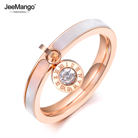 JeeMango Ethnic Design Rose Gold CZ Crystal Rhinestone Titanium Steel White Shell Wedding Rings For Women Gifts JR19064 ► Photo 1/5