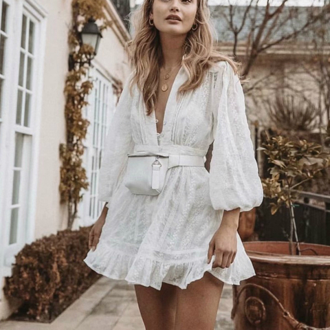 Happie Queens women  white lace beach Bohemian mini dress Ladies v-neck wrist cotton Boho dress vestidos ► Photo 1/6