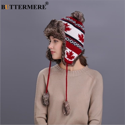 BUTTERMERE Red Russian Ushanka Hat Female Winter Warm Earflaps Fur Bomber Hats Caps Women Maple Leaf Christmas Beanies Pompom ► Photo 1/6