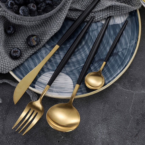 Black Gold Dinnerware Silverware Cutlery Set Knife Fork Spoon Western Tableware Portable Appliance Flatware 304 Stainless Steel ► Photo 1/6