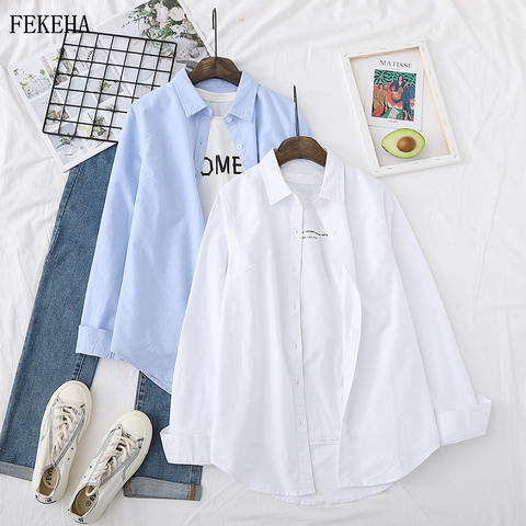 100% Cotton Blouses Womens Shirts Blue White Long Sleeve Autumn Lady Tops Female Outwear Clothes Solid Color Good Quality ► Photo 1/6