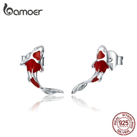 bamoer Fish Red Enamel Stud Earrings for Women 925 Sterling Silver Spring Koi Ear Studs Festival Silver Fashion Jewelry SCE812 ► Photo 1/6
