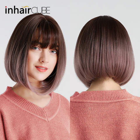 Inhair Cube 10 Inches Bob Synthetic Flat Bangs Women Wig Ombre with Highlight Short Straight Hair Wig  Cosplay Hairstyle ► Photo 1/6