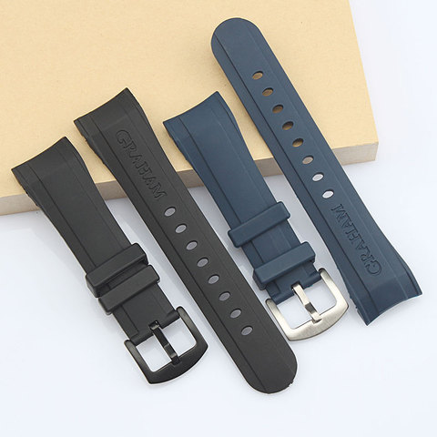 24mm Waterproof Silicone Rubber Watchband For Graham Watch Strap Curved End Wrist Bracelet For Men And Women Black Blue Tape ► Photo 1/5