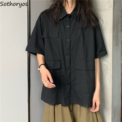 Blouse Women Shirts Summer Turn-down Collar Solid Pockets BF Streetwear Cool Leisure Fashion Students Vintage Ulzzang All-match ► Photo 1/6