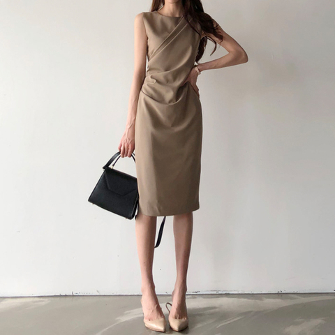 Elegant Women Office Dress New 2022 Summer Sleeveless Bodycon Dresses Retro Women Midi Solid Black Long Robe Vestidos Mujer ► Photo 1/6