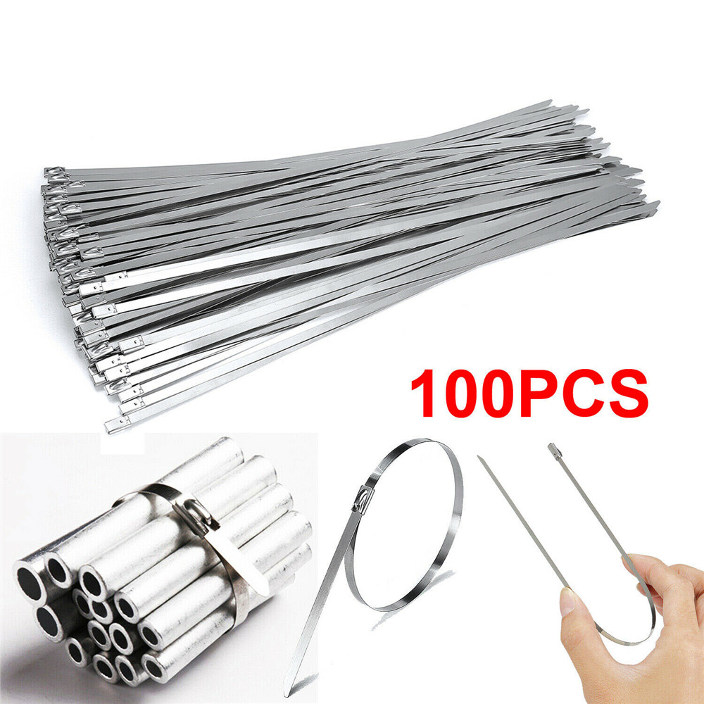 100PCS 12" Stainless Steel Header Exhaust Wrap Locking Cable Zip Ties Straps 