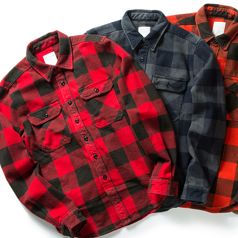 100% Cotton Heavyweight Retro Vintage Spring Autumn Winter Long Sleeve Buffalo Plaid Flannel Shirt Jacket for Men ► Photo 1/6