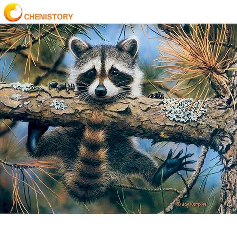 CHENISTORY Oil Painting By Numbers Little Raccoon Hang On Tree Animal Picture By Number 40x50cm Framed Acrylic Home Decor Arts ► Photo 1/6