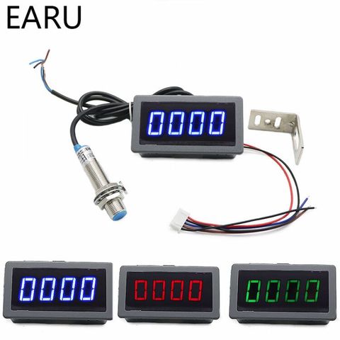 1Set 12V 24V Measuring Gauge 4 Digital Blue/Green/Red LED Tachometer RPM Speed Meter 10-9999RPM Hall Proximity Switch Sensor NPN ► Photo 1/6