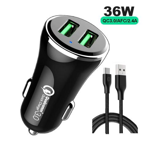 Quick Charge 3.0 Technology 36W 2-Port AFC/FCP QC3.0 Car Charger USB A TO USB-C 3A cable for Huawei/Galaxy/LG/Pixel etc.KC,CE ► Photo 1/6