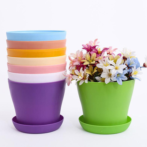 1pc Flower Pot Colorful Durable Resin Plant Flower Pot Gloss Planter Home Garden Decoration with a Saucer Tray Drainage Holes ► Photo 1/6