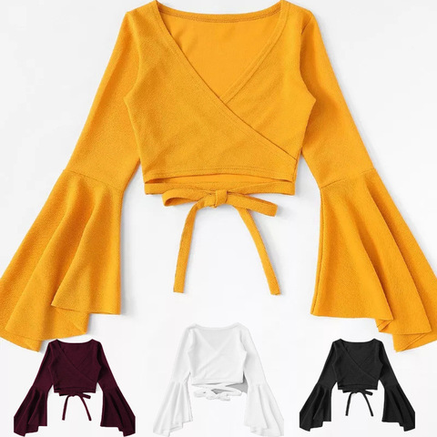 White top Yellow Crop Top 2022 T Shirt tank women tshirt femme Bandage Long Sleeve Sexy Casual Camiseta Mujer Tee black crop top ► Photo 1/6