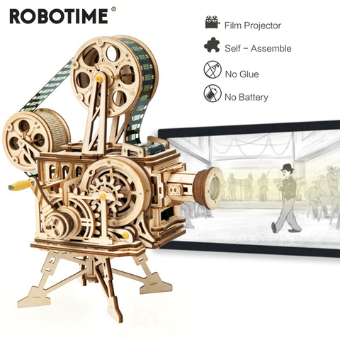 Robotime 183pcs Retro Diy 3D Hand Crank Film Projector Wooden Model Building Kits Assembly Vitascope Toy Gift for Children Adult ► Photo 1/5