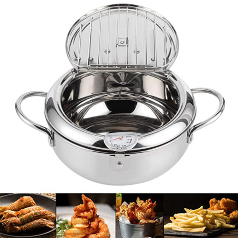 Japanese Deep Fryer With Thermometer and Lid 304 Stainless Steel Kitchen Tempura Fryer Pan Fryer Without Oil Frying Pan Fryer ► Photo 1/6