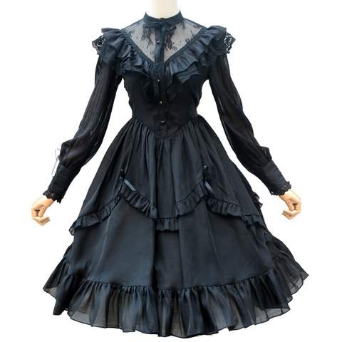 Vintage Long Sheer Sleeve Casual Dress Lace Ruffled Illusion Neck Midi Gothic Party Dress ► Photo 1/6