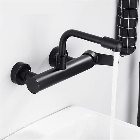 LIUYUE Kitchen Faucets Black Brass Wall Mounted Dual Hole Bathroom 360 Rotate Basin Faucet Cold Hot Water Sink Crane Mixer Taps ► Photo 1/6
