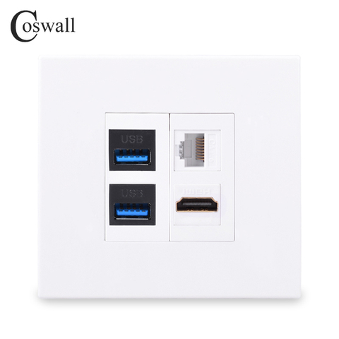 Coswall PC Panel EU / UK Standard Wall Panel Female to Female HDMI 2.0 & Dual USB 3.0 Port + CAT6 RJ45 Internet Data Socket ► Photo 1/1