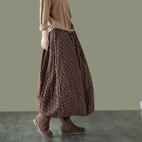 Women Loose Polka Dot Padded Skirts Ladies Vintage Elastic Waist Skirt Female Cotton Linen Winter Skirts 2022 ► Photo 1/6