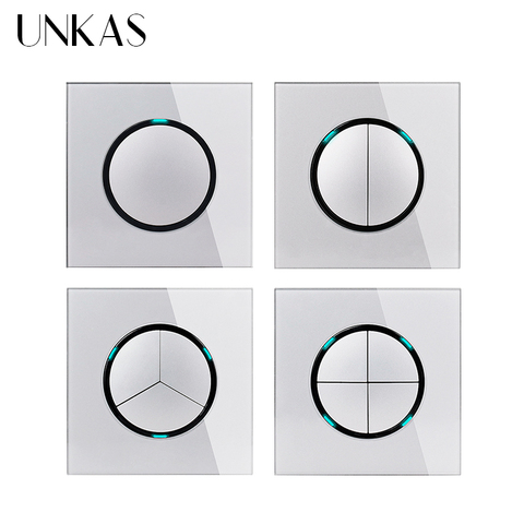 UNKAS Grey 1 2 3 4 Gang 1 / 2 Way Random Click On / Off Pass Through Wall Light Switch LED Indicator Gray Crystal Glass Panel ► Photo 1/6