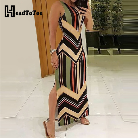 Colorful Striped Print Side Slit Maxi Dress Women Colorblock Sleeveless Slim Long Dresses ► Photo 1/3