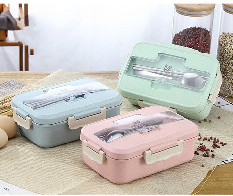 Microwave Lunch Box Wheat Straw Dinnerware Food Storage Container Children Kids School Office Portable Bento Box Lunch Bag ► Photo 1/6