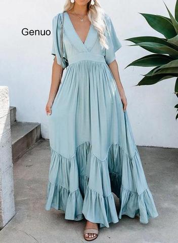 Women Bandage Beach Dress V-neck Ruffles Vintage Boho Dresses Plus Size Short Sleeve Sexy Long Dresses Women 2022 New Fashion ► Photo 1/1