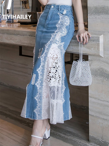 TIYIHAILEY Free Shipping 2022 Fashion Long Maxi Denim And Lace Fish Tail Skirt For Women S-2XL Mermaid Style High Waist Summer ► Photo 1/5