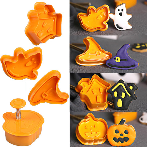 4pcs Halloween Pumpkin Ghost Theme Plastic Cookie Cutter Plunger Fondant Sugarcraft Chocolate Mold Cake Decorating Tools ► Photo 1/5