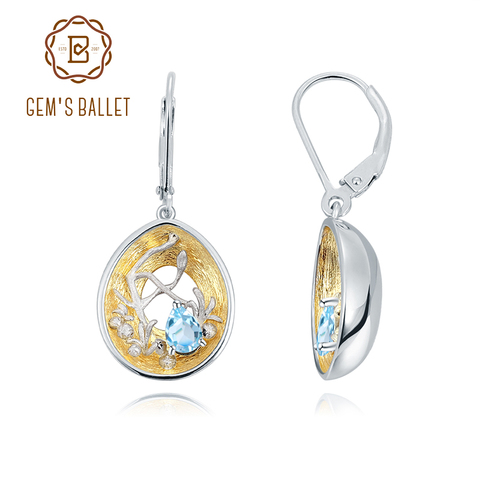 GEM'S BALLET 18k gold over 925 silver two tone Handmade Branch bud Natural Swiss Blue Topaz Woman’s Statement Retro Earrings ► Photo 1/6