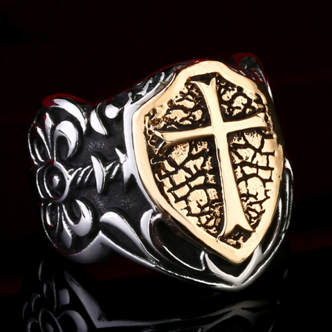 Big Finger Ring Size 13 14 15 Knights Templar Cross Shield Titanium Steel 316L Men's Shield Soul Protection Ring ► Photo 1/6