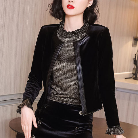 Black velvet small short style jacket women 2022 spring new long-sleeved cardigan top o neck solid ► Photo 1/6